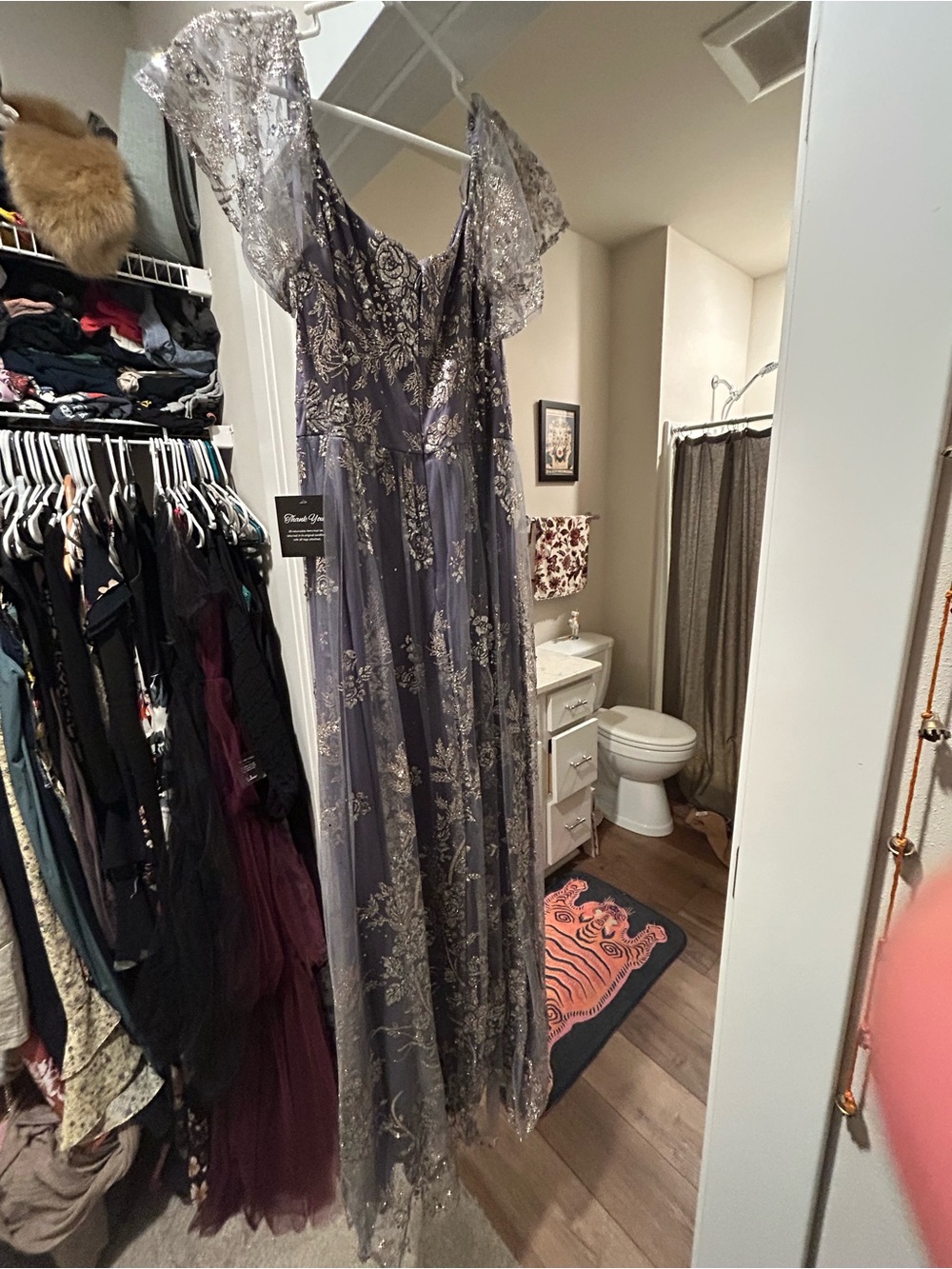 Baltic Born Silver Lace Overlay Evening Gown
